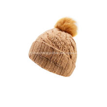 Girl's Knitted Cable Faux Fur Pompom Beanie Cap